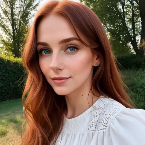 A stunning portrait of a beautiful red-haired woman, viewed from the front. Her face is framed by soft, flowing locks of hair that cascade down her shoulders. Her delicate features are accentuated by the gentle light that falls on her face, highlighting the curve of her cheekbones and the arch of her eyebrows. Her eyes are a deep shade of green, with a hint of mischief and playfulness in them. The corners of her lips are slightly upturned, giving her a subtle smile that adds to her charm. The skin on her face is smooth and flawless, with a natural glow that radiates from within.