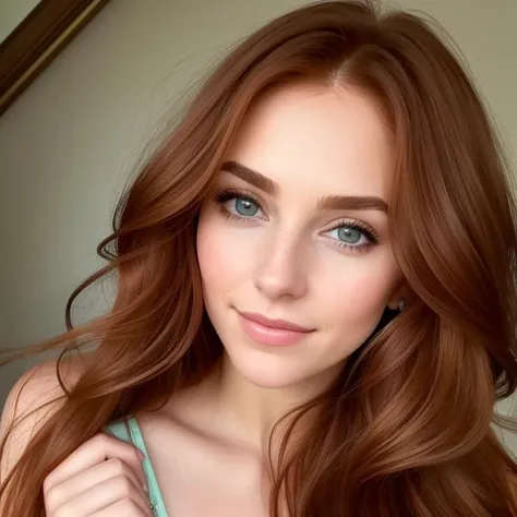 A stunning portrait of a beautiful red-haired woman, viewed from the front. Her face is framed by soft, flowing locks of hair that cascade down her shoulders. Her delicate features are accentuated by the gentle light that falls on her face, highlighting the curve of her cheekbones and the arch of her eyebrows. Her eyes are a deep shade of green, with a hint of mischief and playfulness in them. The corners of her lips are slightly upturned, giving her a subtle smile that adds to her charm. The skin on her face is smooth and flawless, with a natural glow that radiates from within.
