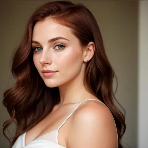 A stunning portrait of a beautiful red-haired woman, viewed from the front. Her face is framed by soft, flowing locks of hair that cascade down her shoulders. Her delicate features are accentuated by the gentle light that falls on her face, highlighting the curve of her cheekbones and the arch of her eyebrows. Her eyes are a deep shade of green, with a hint of mischief and playfulness in them. The corners of her lips are slightly upturned, giving her a subtle smile that adds to her charm. The skin on her face is smooth and flawless, with a natural glow that radiates from within.