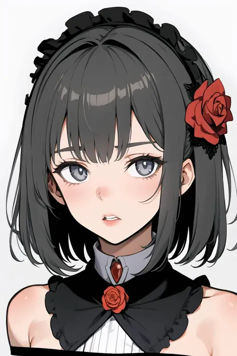 1girl, maid_headdress, solo, rose, flower, maid, grey_eyes, hair_flower, bangs, looking_at_viewer, white_background, black_flower, simple_background, collared_shirt, eyebrows_visible_through_hair, parted_lips, hair_ornament, black_rose, portrait, shirt, cropped_shoulders <lora:style_Kiyokujiyo:0.9>