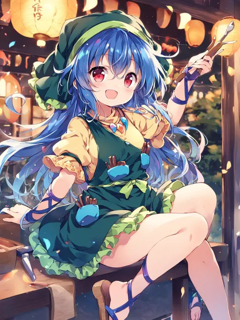 score_9, score_8_up,score_8,
Ultramarine Hair,red eyes,18 years old,
<lora:haniyasushin_keiki_image1264_2023-12-20:1.5> haniyasushin keiki,1girl, solo, sandals, yellow_dress, green_apron, , between_fingers, magatama_necklace, head_scarf, tools,  green_headwear,  arm_ribbon,   single_strap, puffy_short_sleeves, :d, pocket,
hairs between eyes,Facing the lens,baku_p,happy face,happy,[lover's:friendly:0.4] smile,happy face,innocent face,
best quality,ultra-detailed,official art, official wallpaper, 8k detailed wall paper,ultra detaile,
<lora:my_style_loras:1.0>