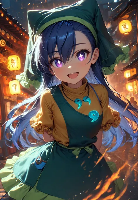 1girl, solo, haniyasushin keiki, cute pose, glowing, Ultramarine Hair, long hair, extremely long hair, purple eyes, sparkling eyes, young, sandals, yellow_dress, green_apron, between_fingers, magatama_necklace, head_scarf, tools, green_headwear, arm_ribbon, single_strap, puffy_short_sleeves, pocket, hairs between eyes, BlackOpalPearl, sparks, reflections, masterpiece, florescent, glowing, particles, magical, detailed, beautiful, fire, flames, ultrahigh resolution, cinematic, cinematic lighting, looking at viewer, very aesthetic, beautiful, portrait, genuine smile, beautiful eyes, open mouth, sunrays, festival, chinese lamps, paper lamps, tori gate, aesthetic background, shinto gate, hands behind back