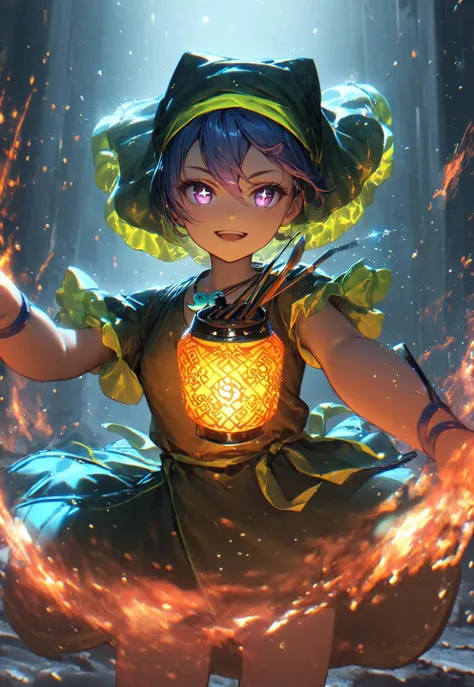 1girl, solo, haniyasushin keiki, cute pose, glowing, Ultramarine Hair, purple eyes, sparkling eyes, young, sandals, yellow_dress, green_apron, between_fingers, magatama_necklace, head_scarf, tools, green_headwear, arm_ribbon, single_strap, puffy_short_sleeves, pocket, hairs between eyes, BlackOpalPearl, sparks, reflections, masterpiece, florescent, glowing, particles, magical, detailed, beautiful, fire, flames, ultrahigh resolution, cinematic, cinematic lighting, looking at viewer, very aesthetic, beautiful, portrait, genuine smile, beautiful eyes, open mouth, sunrays, festival, chinese lamps, paper lamps, tori gate, aesthetic background