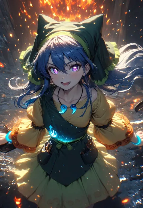 1girl, solo, haniyasushin keiki, cute pose, glowing, Ultramarine Hair, long hair, extremely long hair, purple eyes, sparkling eyes, young, sandals, yellow_dress, green_apron, between_fingers, magatama_necklace, head_scarf, tools, green_headwear, arm_ribbon, single_strap, puffy_short_sleeves, pocket, hairs between eyes, BlackOpalPearl, sparks, reflections, masterpiece, florescent, glowing, particles, magical, detailed, beautiful, fire, flames, ultrahigh resolution, cinematic, cinematic lighting, looking at viewer, very aesthetic, beautiful, portrait, genuine smile, beautiful eyes, open mouth, sunrays, festival, chinese lamps, paper lamps, tori gate, aesthetic background, shinto gate