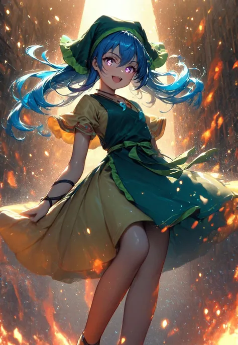 1girl, solo, haniyasushin keiki, cute pose, glowing, Ultramarine Hair, long hair, extremely long hair, purple eyes, sparkling eyes, young, sandals, yellow_dress, green_apron, between_fingers, magatama_necklace, head_scarf, tools, green_headwear, arm_ribbon, single_strap, puffy_short_sleeves, pocket, hairs between eyes, BlackOpalPearl, sparks, reflections, masterpiece, florescent, glowing, particles, magical, detailed, beautiful, fire, flames, ultrahigh resolution, cinematic, cinematic lighting, looking at viewer, very aesthetic, beautiful, portrait, genuine smile, beautiful eyes, open mouth, sunrays, festival, chinese lamps, paper lamps, tori gate, aesthetic background, shinto gate