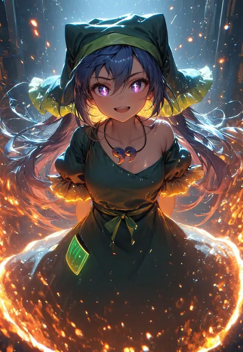 1girl, solo, haniyasushin keiki, cute pose, glowing, Ultramarine Hair, long hair, extremely long hair, purple eyes, sparkling eyes, young, sandals, yellow_dress, green_apron, between_fingers, magatama_necklace, head_scarf, tools, green_headwear, arm_ribbon, single_strap, puffy_short_sleeves, pocket, hairs between eyes, BlackOpalPearl, sparks, reflections, masterpiece, florescent, glowing, particles, magical, detailed, beautiful, fire, flames, ultrahigh resolution, cinematic, cinematic lighting, looking at viewer, very aesthetic, beautiful, portrait, genuine smile, beautiful eyes, open mouth, sunrays, festival, chinese lamps, paper lamps, tori gate, aesthetic background, shinto gate, hands behind back