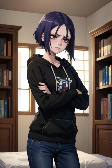 masterpiece, best quality,  <lora:ushigozen-nvwls-v1-000010:0.9> ushigozen, black hoodie, black jeans, crossed arms, pout, looking away, bedroom, furrowed brow, bookshelf