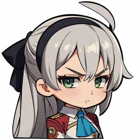 (masterpiece, best quality:1.2), simple background, white background, chibi, upper body, solo, 1girl, elie macdowell, unamused, glare, looking at viewer, v-shaped eyebrows, hair ribbon, hairband, green eyes, blue ascot <lora:elie-nvwls-v2-zero:0.8> <lora:DarkCabalChibiStyle:1>