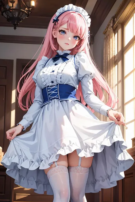 table top, High resolution, 8k, anime woman, detailed digital illustration, very long hair and shiny, maid, big breasted woman,adult women))), 25 years old, T-back, (lift skirt), (Pull down your panties:1.3), Happy, blush, (white panties), panty shot, inside the room, between legs, from below,
