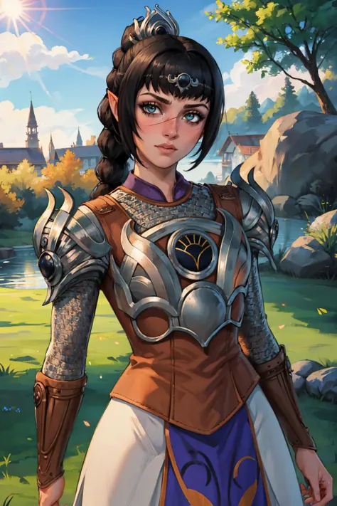 masterpiece, best quality, 1girl, solo, looking at viewer, breasts, outdoors, lens flare, depth of field, light particles,  <lora:shadowheart:1> shadowheart, pointy ears, braid, ponytail, hair ornament, scar, bangs, armor, shoulder armor, breastplate, pauldrons