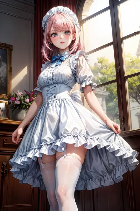 (masterpiece, best quality), 1girl, blue and white frill dress, (white stockings), pink hair, cute face, standing, indoor, intricate detail, sunlight, <lora:add_detail:1>