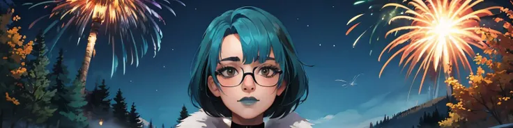 (masterpiece, best quality:1.2), 1girl, solo, looking at viewer, <lora:gwentd:0.95> gwentd, makeup, bangs, choker, fur coat, fur trim, fireworks, night sky, outdoors, facing viewer, glasses,