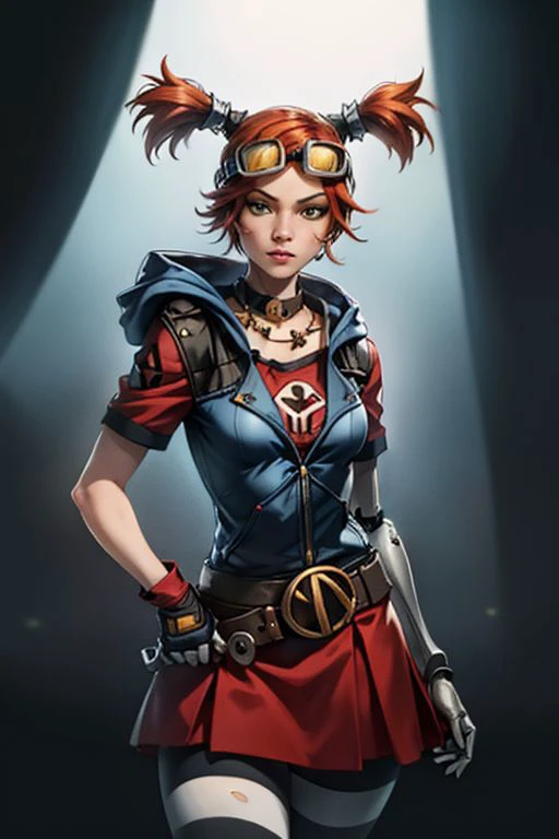 masterpiece, best quality, 1girl, solo, looking at viewer, <lora:gaigebl2-guy-v2:.95>, gaigebl2, goggles on head, twintails, freckles, bandaid on face, single mechanical arm, choker, gloves, belt, skirt, striped pantyhose, hood, necklace, torn clothes <lora:_beautiful_detailed_eyes:0.3> <lora:detailmaker:1> photorealism, high contrast, photorealistic digital art trending on Artstation 8k HD high definition detailed realistic, detailed, skin texture, hyper detailed, realistic skin texture, armature, best quality, ultra high res, (photorealistic:1.4), high resolution, detailed, raw photo, sharp re, rich colors hyper realistic lifelike texture dramatic lighting unrealengine trending on artstation cinestill 800