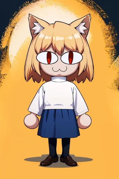 (masterpiece, best quality:1.2), chibi, solo, 1girl, necoarc, :3, blonde hair, cat ears, red eyes, slit pupils, turtleneck sweater, blue skirt, loafers <lora:necoarc:1>