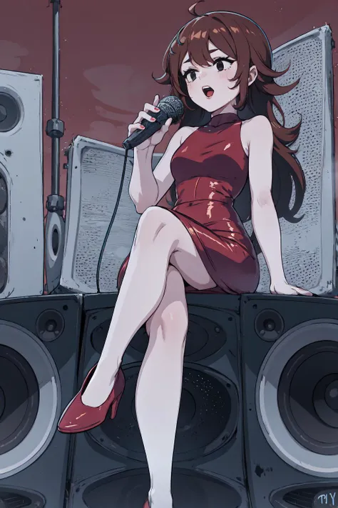 Girlfriend, red dress, <lora:Char_FNF_Girlfriend:0.9>, music, musical note, sitting, sitting on speaker, crossed legs, microphone, holding microphone,