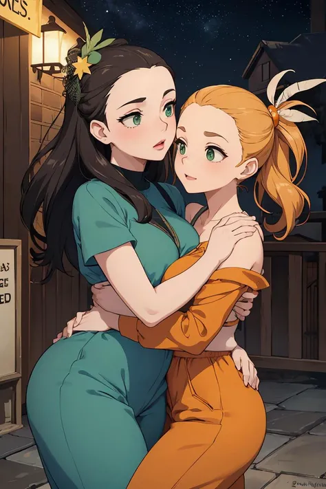 (masterpiece, best quality), female hundred years old, pear-shaped, inuit, green eyes, curved forehead, square face shape with round forehead, , tangerine slicked-back hair hair, confusion wearing linen jumpsuit, striped bralette, feather fascinator with netting,, embracing pose, embracing with a passionate look, conveying intimacy and connection, starry sky, a dark background with twinkling stars, setting a magical and romantic tone, a lively neighborhood block party, with music, food, and a sense of community