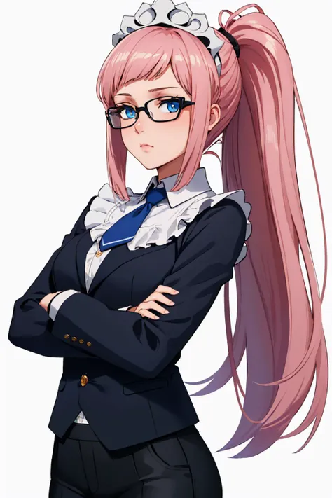 (masterpiece, best quality:1.2), simple background, white background, solo, 1girl, feliciarnd, expressionless, crossed arms, looking at viewer, pink hair, ponytail, maid headdress, blue eyes, glasses, formal, suit, blue necktie, black pants <lora:felicia-fe-richy-v1:0.7>