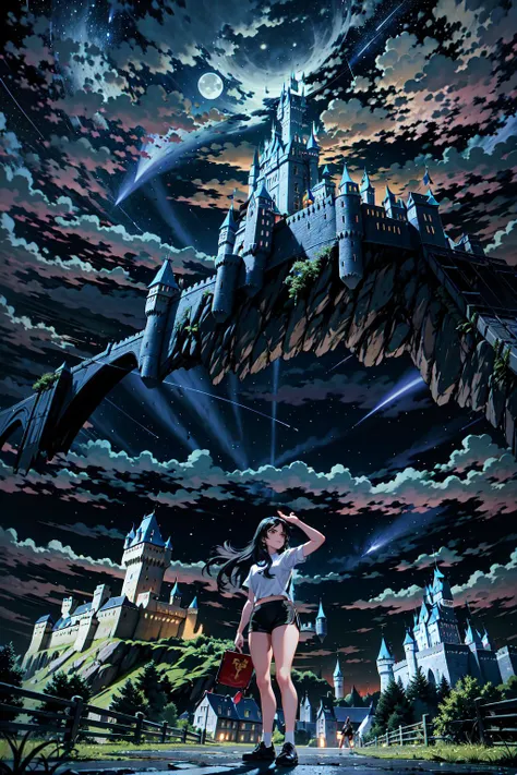 1girl, black hair, long hair, red eyes, shirt, white shirt, shorts, short shorts, black shorts, cloud, moon, Hogwarts, (castle hill:1.4), night sky, stand on street, shooting star, (strong pose:1.4),