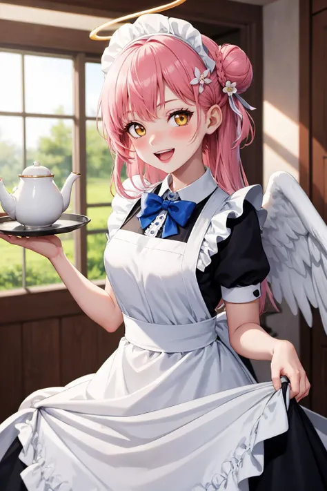 masterpiece, best quality, 1girl, pink hair, solo, wings, yellow eyes, tray, apron, long hair, maid, halo, hair bun, low wings, maid headdress, holding tray, looking at viewer, dress, enmaided, white wings, teacup, holding, blue bow, bow, alternate costume, cup, smile, frills, hair ornament, hair flower, angel wings, short sleeves, single side bun, feathered wings, flower, teapot, indoors, blurry background, open mouth, maid apron, puffy sleeves, bangs, blurry, :d, skirt hold, bowtie, black dress, white apron, blue bowtie, blush, frilled dress, puffy short sleeves, holding plate