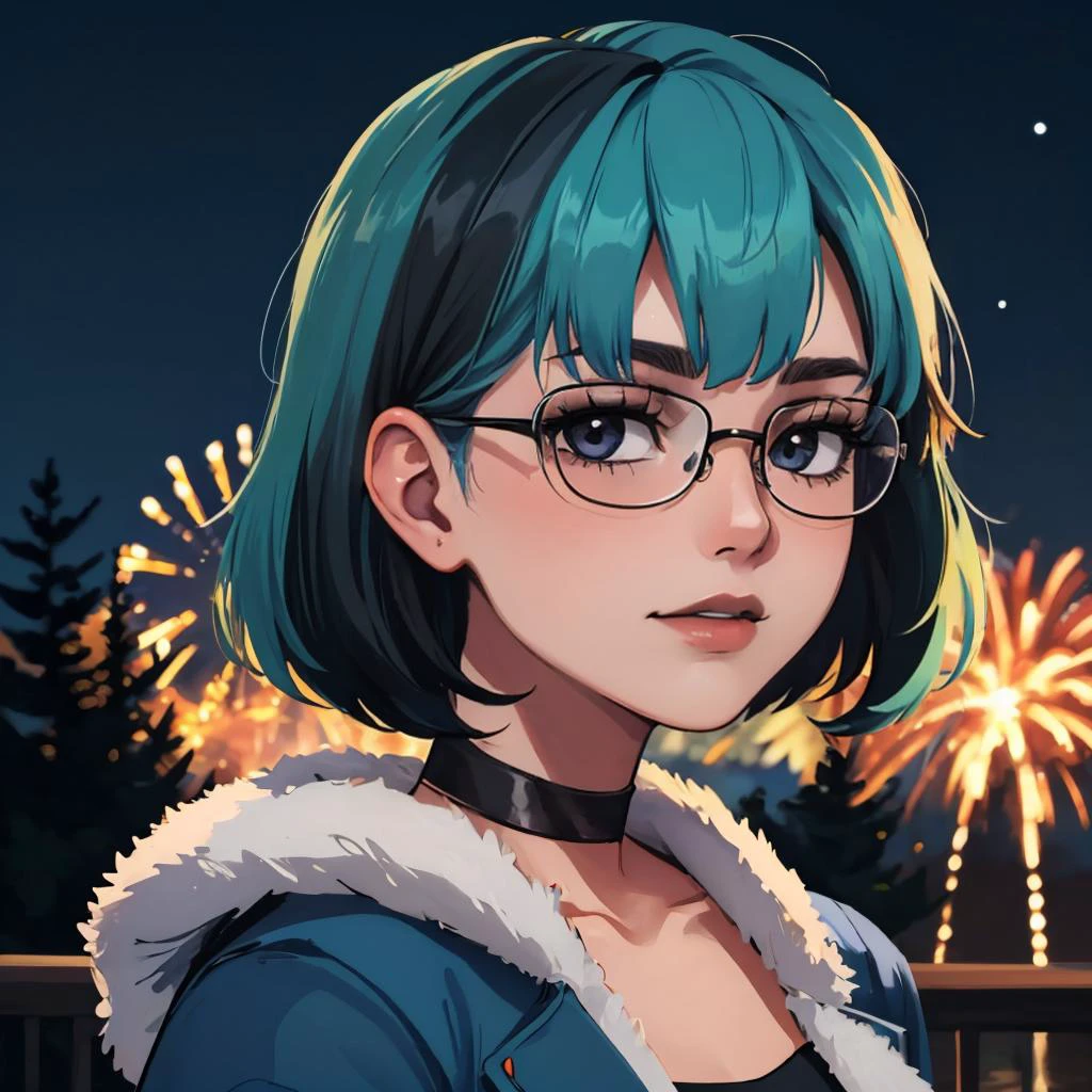 (masterpiece, best quality:1.2), 1girl, solo, looking at viewer, <lora:gwentd:0.95> gwentd, makeup, bangs, choker, fur coat, fur trim, fireworks, night sky, outdoors, portrait, facing viewer, glasses,