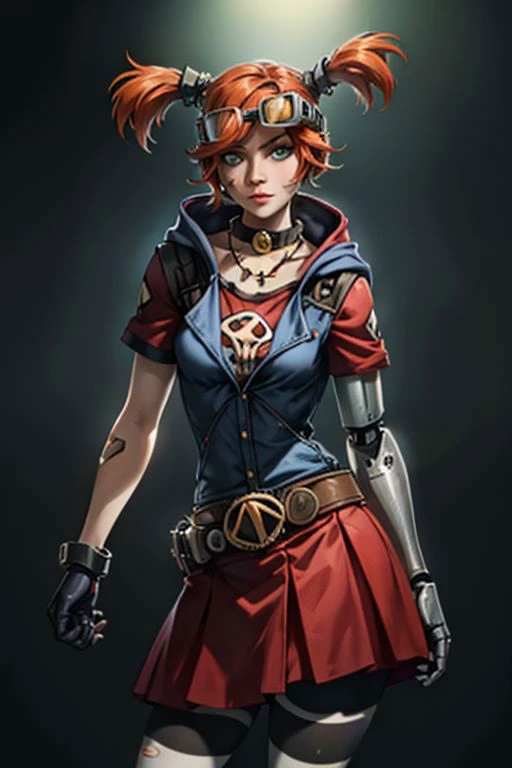 masterpiece, best quality, 1girl, solo, looking at viewer, <lora:gaigebl2-guy-v2:.95>, gaigebl2, goggles on head, twintails, freckles, bandaid on face, single mechanical arm, choker, gloves, belt, skirt, striped pantyhose, hood, necklace, torn clothes <lora:_beautiful_detailed_eyes:0.3> <lora:detailmaker:1> photorealism, high contrast, photorealistic digital art trending on Artstation 8k HD high definition detailed realistic, detailed, skin texture, hyper detailed, realistic skin texture, armature, best quality, ultra high res, (photorealistic:1.4), high resolution, detailed, raw photo, sharp re, rich colors hyper realistic lifelike texture dramatic lighting unrealengine trending on artstation cinestill 800