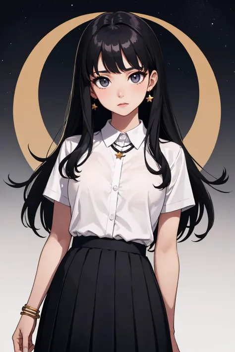 (masterpiece, best quality:1.2), 1girl, solo, shirt, skirt, white shirt, collared shirt, black hair, long hair, short sleeves, jewelry, black skirt, necklace, bangs, looking at viewer, star \(symbol\), crescent moon, pleated skirt, leaf, abstract