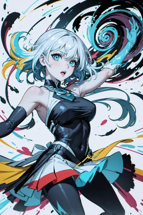 1girl, Allow colors to dance and intertwine freely, with dynamic brushstrokes, spirals, and color blends that create a lively and frenetic composition filled with expressive movement,