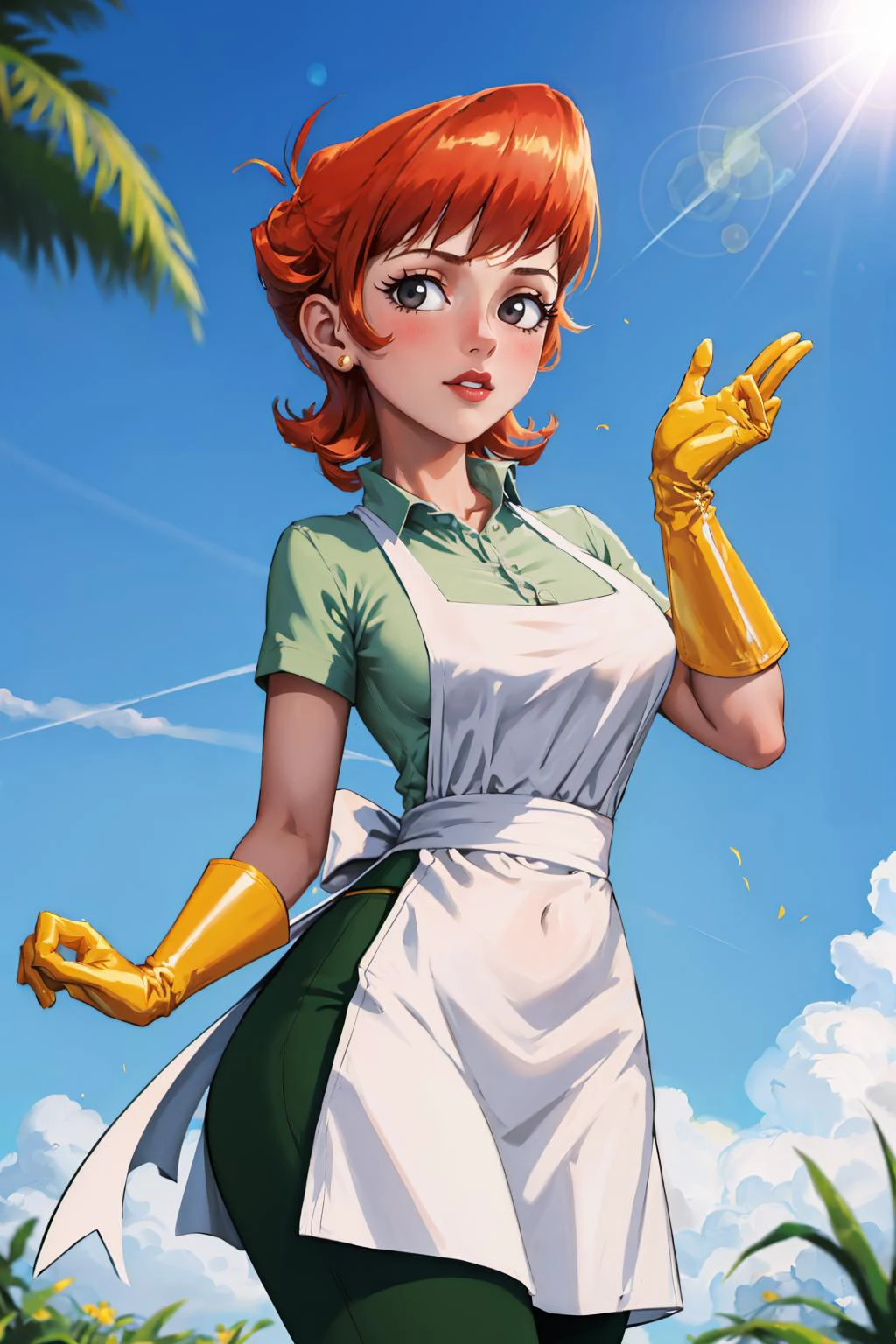 masterpiece, best quality, 1girl, solo, looking at viewer, breasts, outdoors, lens flare, depth of field, light particles, <lora:dextersmom:1> dextersmom, gloves, apron, jewelry, pants, shirt