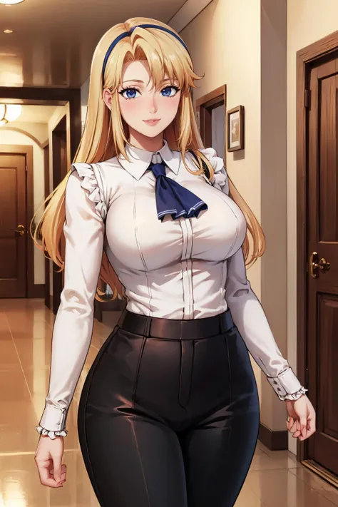 masterpiece, best quality, <lora:satellizer-nvwls-v1-000009:1> satella, hairband, large breasts, collared shirt, ascot, frills, long sleeves, black pants, looking at viewer, hallway, smile