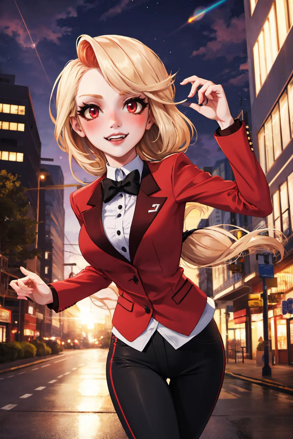masterpiece, best quality, outdoors, lens flare, depth of field, light particles, 1girl, solo, looking at viewer, breasts, <lora:hazbinhotel_morningstar_v11-10:1> charlie morningstar, colored skin, colored sclera, red jacket, bowtie, black pants, chasing, city, running, evil smile, purple sky, purple theme,