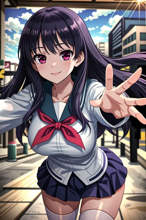<lora:lcm_lora_sd15:1>,
(masterpiece,best quality,8k,beautiful and aesthetic:1.2),
solid-best-physical-appearance-perfect::2,
cosplay,Smile,(HUGE BREASTS:1.2),(floating hair:1.2),PERFECTEYES EYES,narrow_waist,slender,skinny,(dynamic_angle),sexy posture,
<lora:(Y)bM\\Ys)nl47h<.CHAR-RyuukaShimizudani:0.8>,
RyuukaShimizudani,red eyes,bangs,black hair,long hair,
serafuku,long sleeves,red neckerchief,pleated skirt,miniskirt,thighs,((white thighhighs)),
(leaning_forward),reaching out with stretched arms and open hands for a hug,cowboy shot,
outdoors,on the street,
<lora:[R]Xn}0{LORA.add_detail:0.2>,
<lora:[OMQ*S][vw<w[.locon_perfecteyes_v1_from_v1_64_32:0.6>,