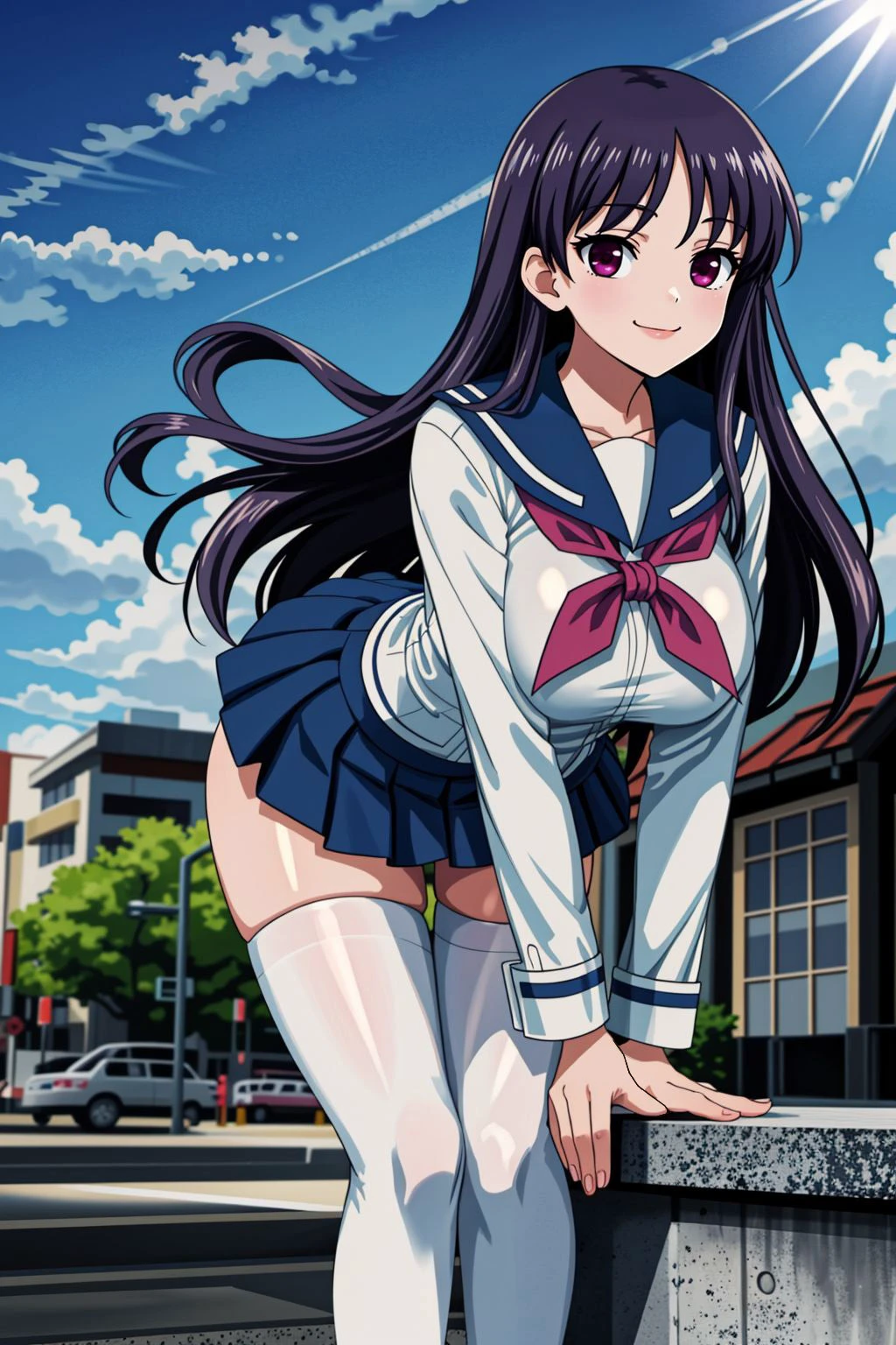 <lora:lcm_lora_sd15:1>,
(masterpiece,best quality,8k,beautiful and aesthetic:1.2),
solid-best-physical-appearance-perfect::2,
cosplay,Smile,(HUGE BREASTS:1.2),(floating hair:1.2),PERFECTEYES EYES,narrow_waist,slender,skinny,(dynamic_angle),sexy posture,
<lora:(Y)bM\\Ys)nl47h<.CHAR-RyuukaShimizudani:0.8>,
RyuukaShimizudani,red eyes,bangs,black hair,long hair,
serafuku,long sleeves,red neckerchief,pleated skirt,miniskirt,thighs,((white thighhighs)),
((from behind)),leaning forward,bent over,standing,((from_below)),
outdoors,on the street,
<lora:[R]Xn}0{LORA.add_detail:0.2>,
<lora:[OMQ*S][vw<w[.locon_perfecteyes_v1_from_v1_64_32:0.6>,