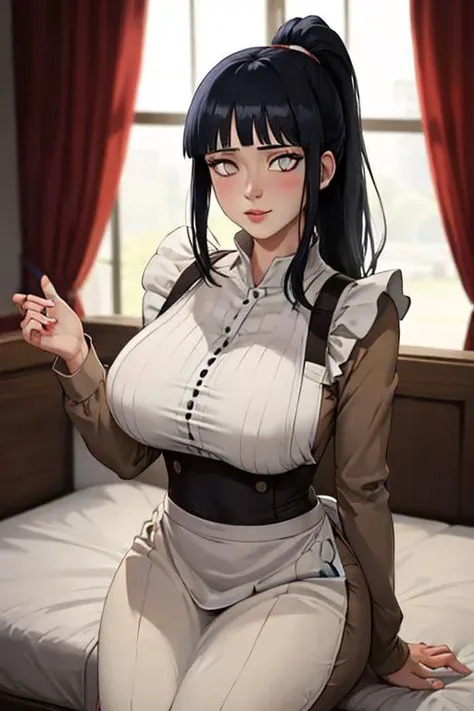 masterpiece, best quality, hyuuga hinata,1girl, solo,ponytail, brown dress, apron, long sleeves, huge breasts, contrapposto, looking at viewer, lips, bedroom