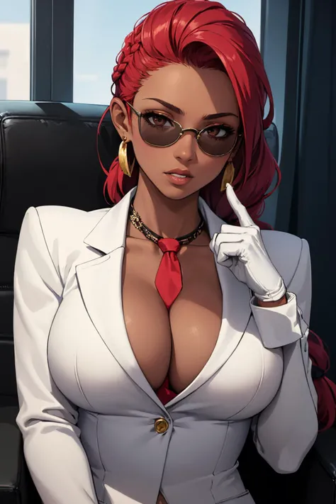 (masterpiece, best quality:1.2), pompadour, 1girl, between breasts, solo, necktie between breasts, red hair, breasts, necktie, gloves, dark skin, sunglasses, braid, long hair, dark-skinned female, jewelry, large breasts, earrings, cleavage, formal, suit, lips, single braid