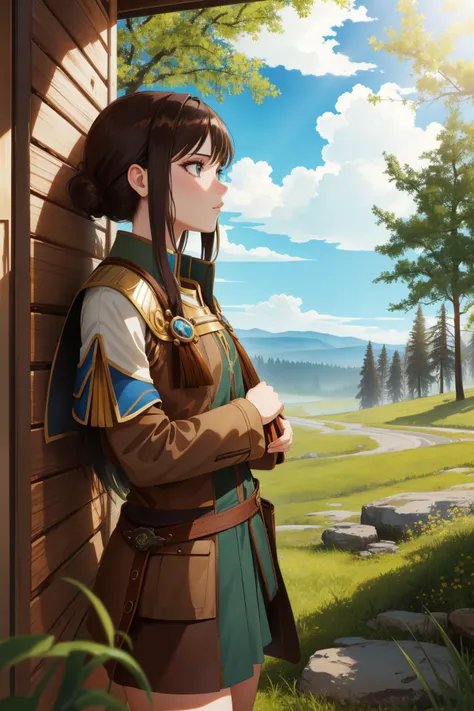 1girl, (dark art stylized by Jean-Baptiste Monge:0.8) , detailed art, dark On pale Green and Brown paper, surreal, side-profile of a ("Foundation of the Kievan Rus":1.3) , it is very Fashwave and lowborn, plain Cathode tube background, Colombian nature with Redwood tree, Sun in the sky, horizon-centered, Screen print, Confused, flawless, Altermodern, side light, Circular polarizer, Technicolor, taiji, matte, octane engine, ultra high res