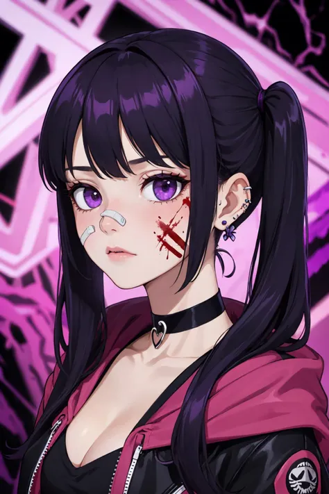 masterpiece, best quality, 1girl, solo, twintails, choker, bandaid on face, earrings, jewelry, blood, long hair, blurry background, piercing, bandaid, bangs, blood on face, bandaid on nose, ear piercing, jacket, blurry, portrait, black choker, closed mouth, shirt, purple hair, black hair, (abstract background, purple theme:1.2)