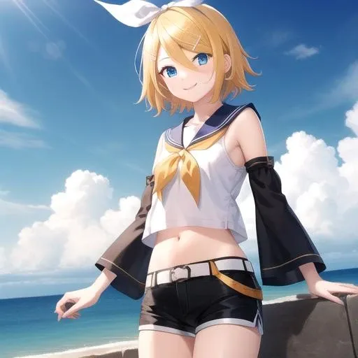 ((masterpiece)),(best quality),official art,extremely detailed CG,unity 8k wallpaper,ultra detailed,A lighthouse on a cliff by the sea,1girl,solo,cowboy shot,kagamine rin,looking at viewer,bobby pin,white shirt,orange belt,short shorts,black shorts,smile,fringe,short hair,blue eyes,blonde hair,hair between eyes,sailor collar,navel,hair bow,white bow,black sleeves,wide sleeves,detached sleeves,<lora:Kagamine Rin(vocal)>,