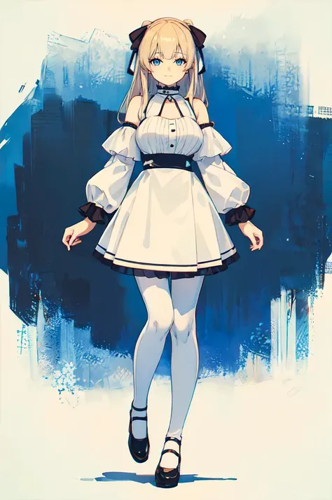 ultra detailed, masterpiece, best quality, solo, soft smile, light smile, column lineup, straight-on, 
1girl, blue eyes, very long hair, blonde hair, long blonde hair, french braid, bangs, medium breasts,
hair ribbon, frilled choker, criss-cross halter, sleeveless dress, high-waist skirt, backless dress, waist bow, detached sleeves, frilled sleeves, wide sleeves, pantyhose, patterned legwear, mary janes, <lora:Frieren_Style:0.8> white and blue theme,