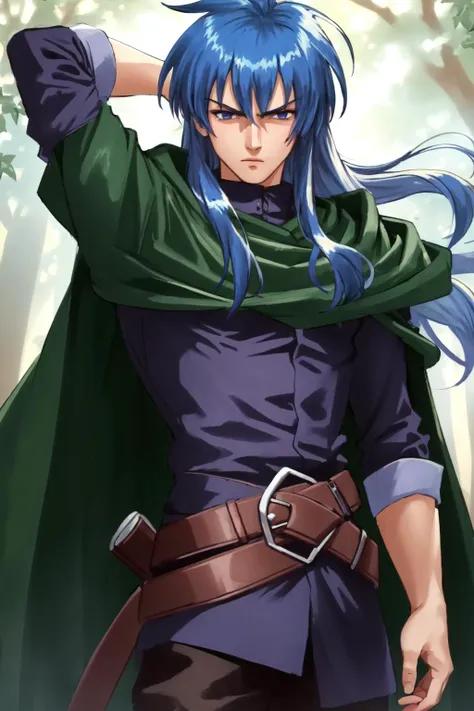 masterpiece,best quality,solo, 1boy, DiasFlac <lyco:DiasFlac:1.0>, green cape, purple shirt, armor, blue hair, long hair, serious look, sword