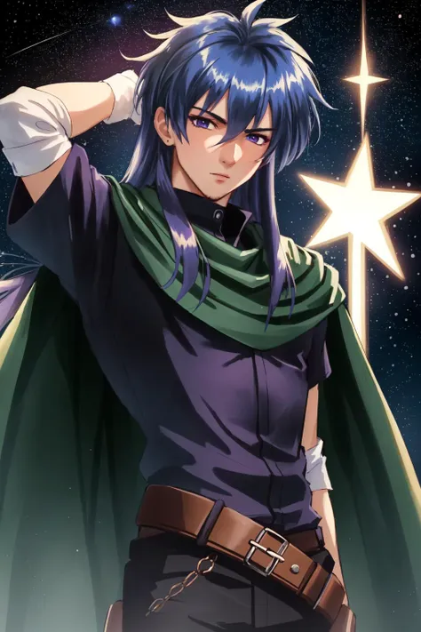 masterpiece,best quality,solo, 1boy, DiasFlac <lyco:DiasFlac:0.9>, green cape, purple shirt, armor, blue hair, long hair, sheated, space background, star \(sky\),  abstract background,