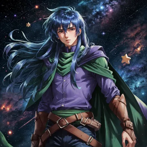 masterpiece,best quality,solo, 1boy, DiasFlac <lyco:DiasFlac:0.9>, green cape, purple shirt, armor, blue hair, long hair, sheated, space background, star \(sky\),  abstract background,