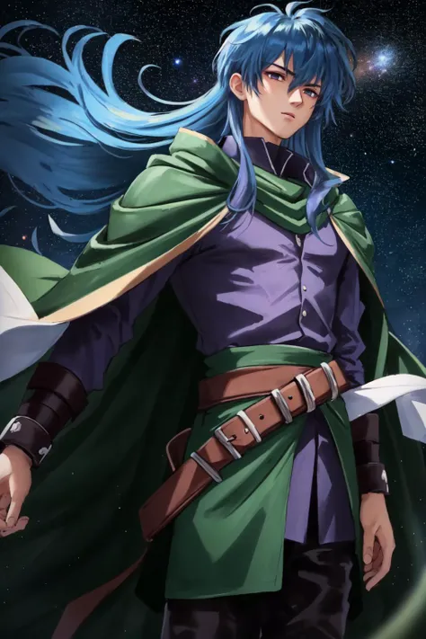 masterpiece,best quality,solo, 1boy, DiasFlac <lyco:DiasFlac:0.9>, green cape, purple shirt, armor, blue hair, long hair, sheated, space background, star \(sky\),  abstract background,