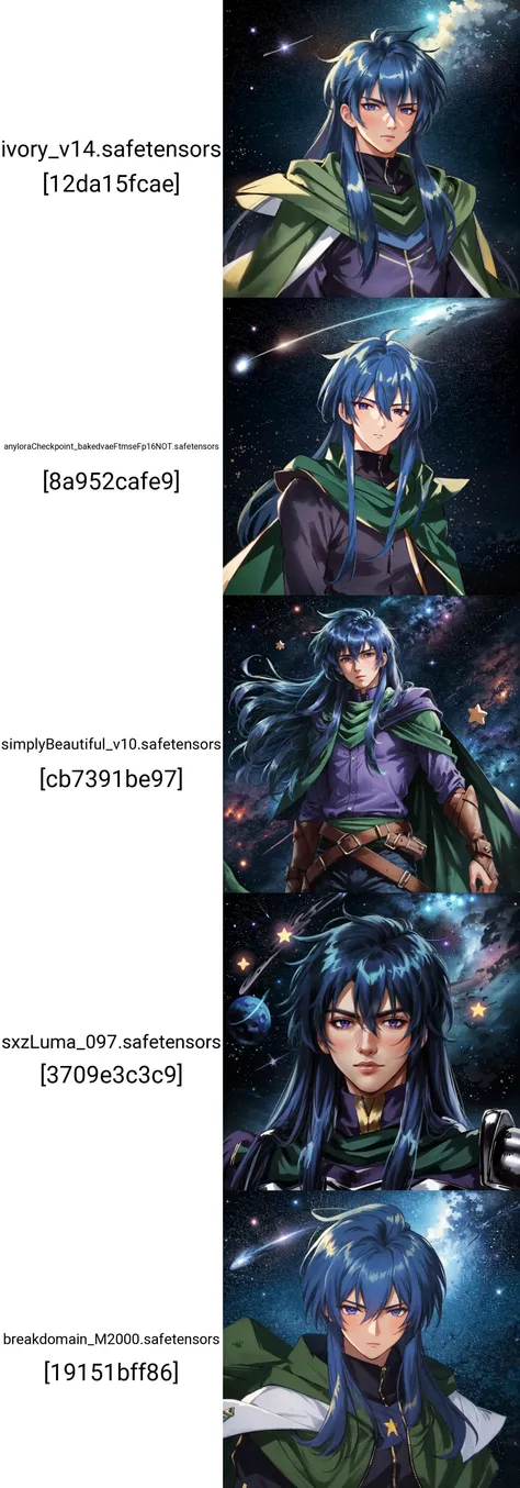 masterpiece,best quality,solo, 1boy, DiasFlac <lyco:DiasFlac:0.9>, green cape, purple shirt, armor, blue hair, long hair, sheated, space background, star \(sky\), abstract background,