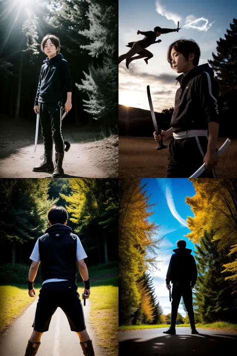 <lora:yato02-000025:0.6>, yato, 1boy, epic fight vs monster, hdr shadows, cinematic light, front view, detailed background, intricate details, sunny day, looking at viewer, katana, outdoors, blue eyes, (smug:0.1), short hair, (high detailed skin:1.2), 8k uhd, dslr, soft lighting, high quality, film grain, Fujifilm XT3