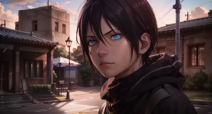 masterpiece, (photorealistic), best quality, beautiful lighting, professional lighting, photon mapping, radiosity, physically-based rendering yato, tired eyes, 1boy, slim teenager, hdr shadows, cinematic light, intricate details, sunny day, looking at viewer, katana, outdoors, shining blue eyes, short hair