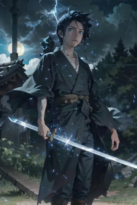 masterpiece, (photorealistic), best quality, beautiful lighting, professional lighting, photon mapping, radiosity, physically-based rendering yato, tired eyes, 1boy, slim teenager, hdr shadows, cinematic light, intricate details, night, moonlight (blue) katana, outdoors, shining blue pupil, short hair, magical blue light emanating from below, wind, rain, storm, antigravity, yukata (dark), (flying debris:1.2)