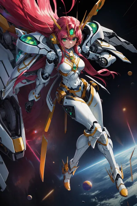 masterpiece,best quality,1girl,valsione r,long hair,red hair,green eyes,medium breasts,mecha musume,mechanical parts,mecha armor,shoulder plates,robot,mechnical wings,floating,outer space,<lora:CHAR-Super Robot Wars OG-Valsione R-KizukiAi:0.8>,
