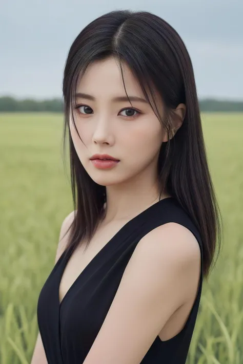 khw1, a woman, (realistic), (hyperrealism), (photorealistic), depth of field, eye makeup:0.8, (upper body:1.2), (narrow waist), looking at the viewer, black dress, at the field, <lora:httphyewon:0.45>