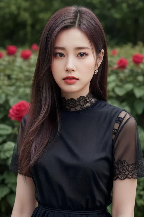 khw1 a woman, (realistic), (hyperrealism), (photorealistic), depth of field, adult, (upper body:1.2), ((narrow waist:1.2)), eye makeup:0.5, looking at the viewer, portrait photo, black sleeved dress, at the rose garden, <lora:httphyewon:0.35>