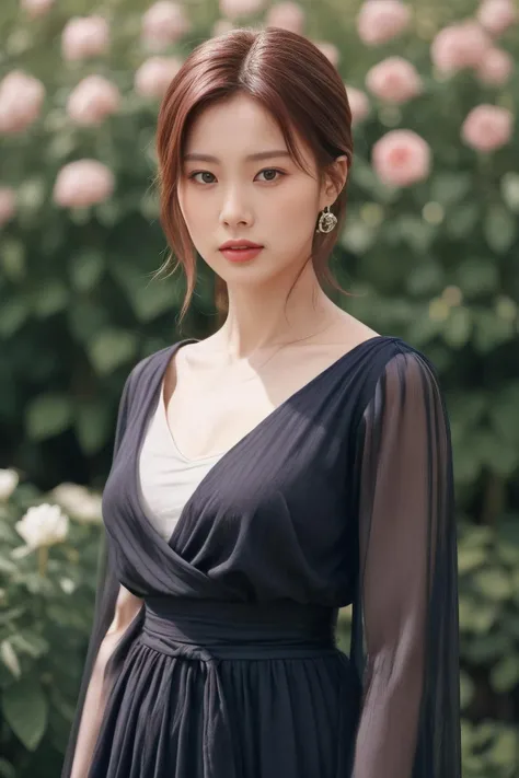hyewonv2 a woman, (realistic), (hyperrealism), (photorealistic), depth of field, adult, (upper body:1.2), ((narrow waist:1.2)), eye makeup, looking at the viewer, portrait photo, black sleeved dress, at the rose garden, <lora:httphyewonv2:0.35>